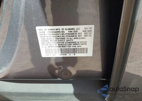 2015 Honda Pilot Touring from USA, damaged, VIN 5FNYF4H96FB051153